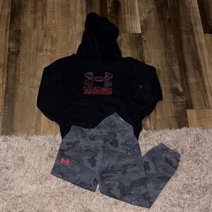 Under Armour Black Sweatshirt with Red Accents and Gray Patterned Pants